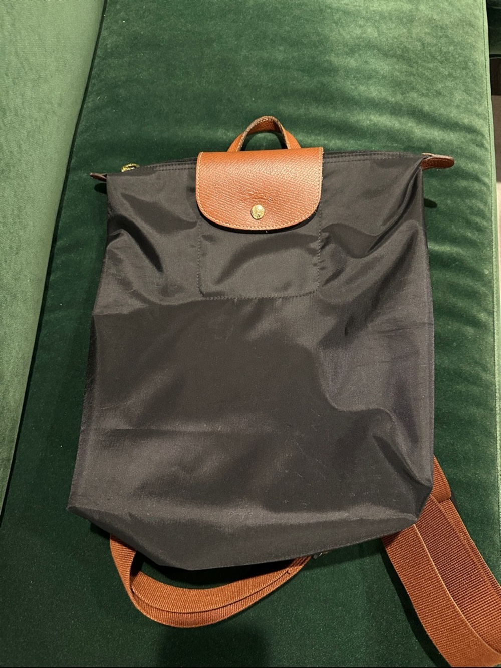 Longchamp Le Pliage M Black Nylon Backpack with Brown Leather Flap
